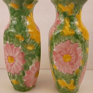 Pair of 7.5" Hand Painted Floral Vases Pink Yellow Green Art Pottery